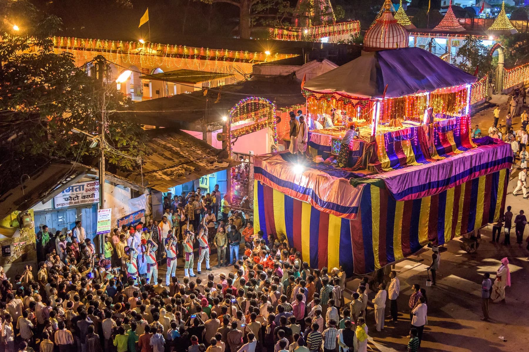 A lighted chariot and crowd at Bastar Dussehra
